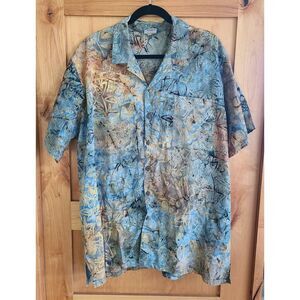 Caribbean Club‎ 100% Cotton XL Blue Batik Tropical Hawaiian Resort Button Shirt